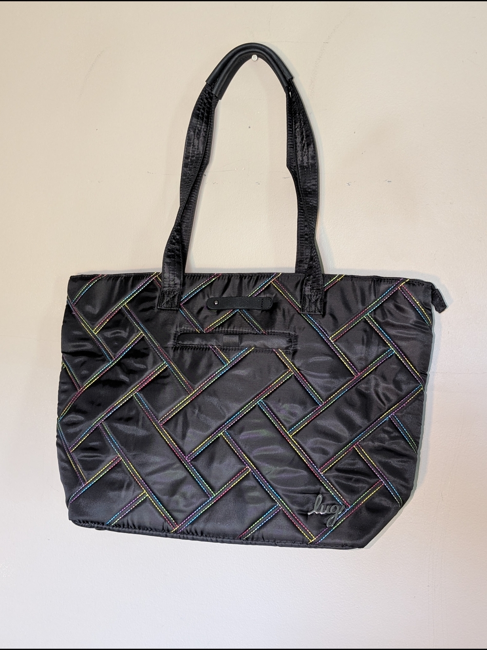 Lug Black Quilted Tote Bag with Multi-Color Stitching